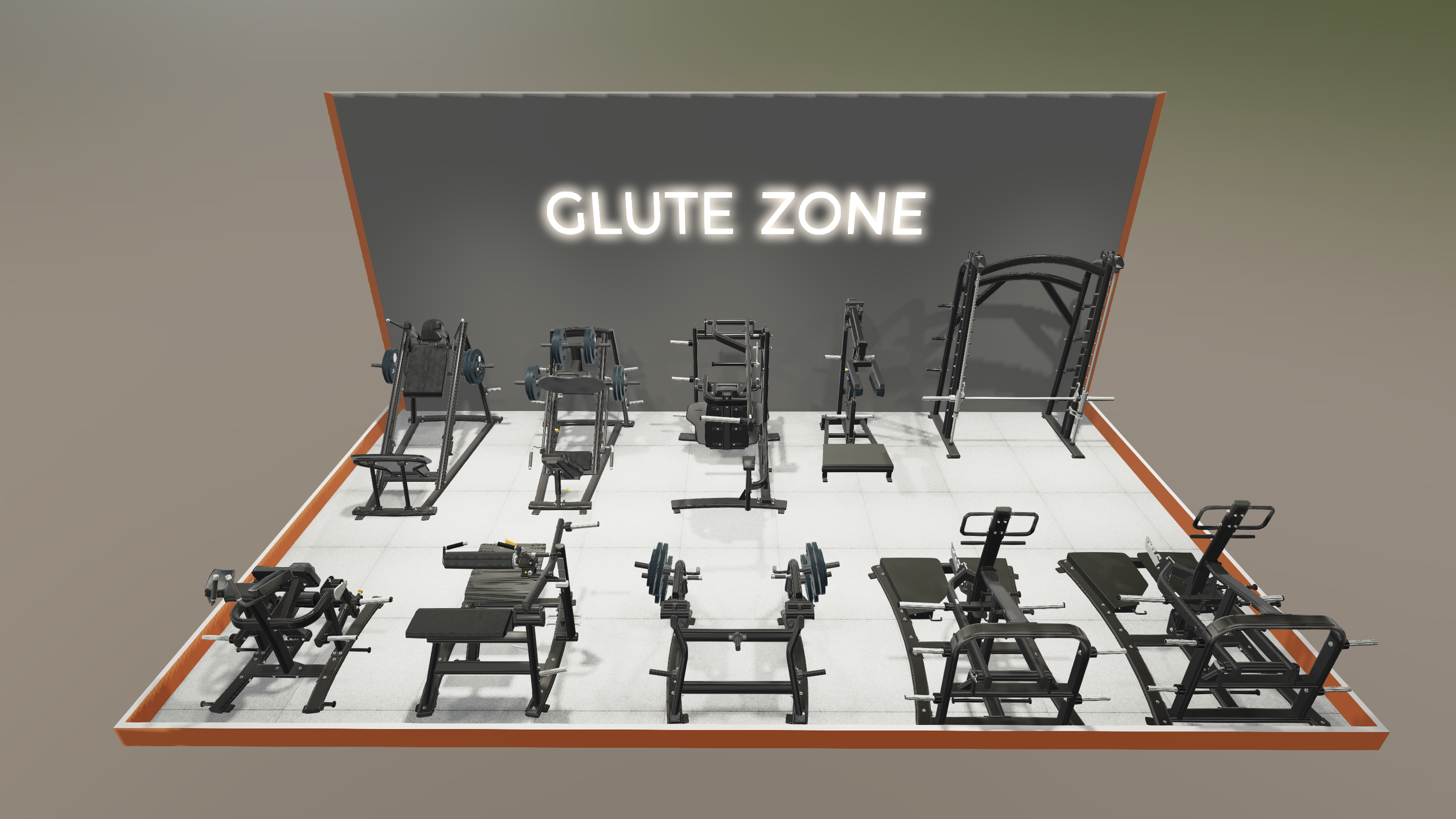 Visualizzazione prospettica di una Matrix Glute Zone con attrezzature plate-loaded